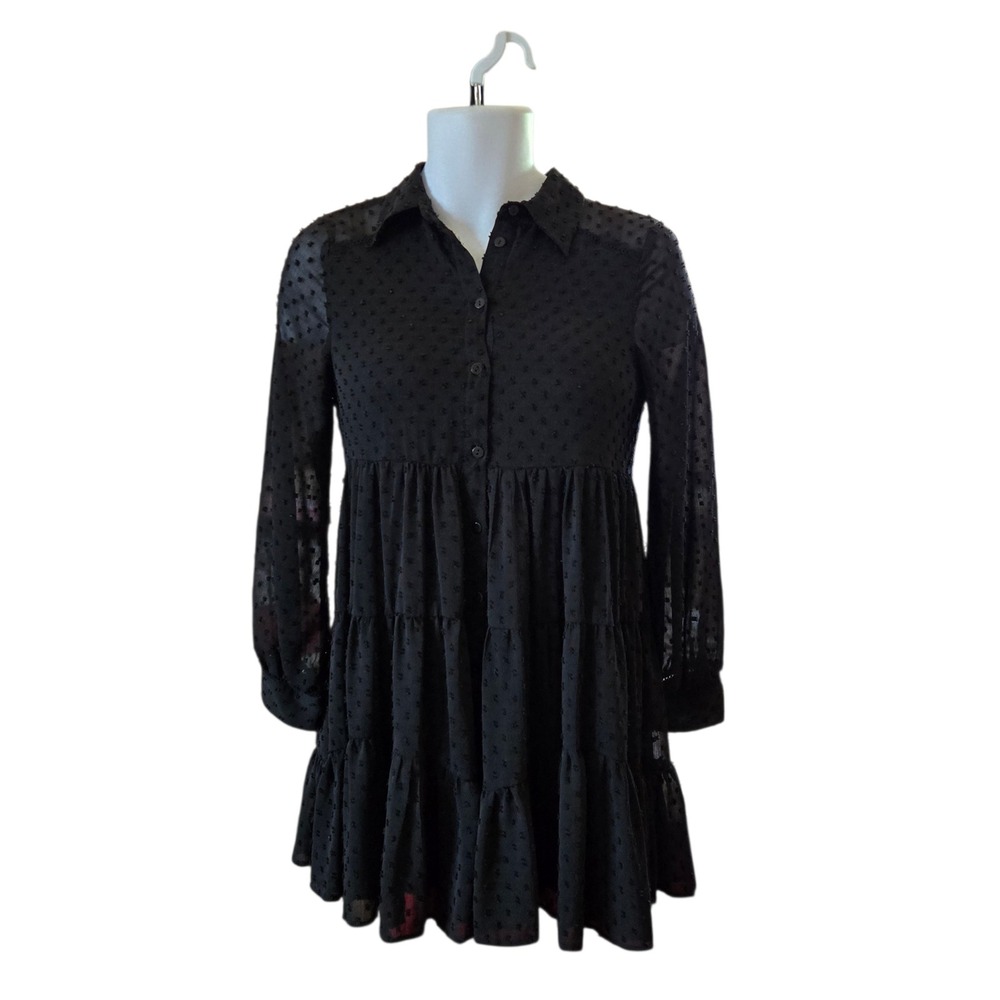 Zara Womens Black Swiss Dot Tiered Babydoll Mini Dress Long Sleeve Size S